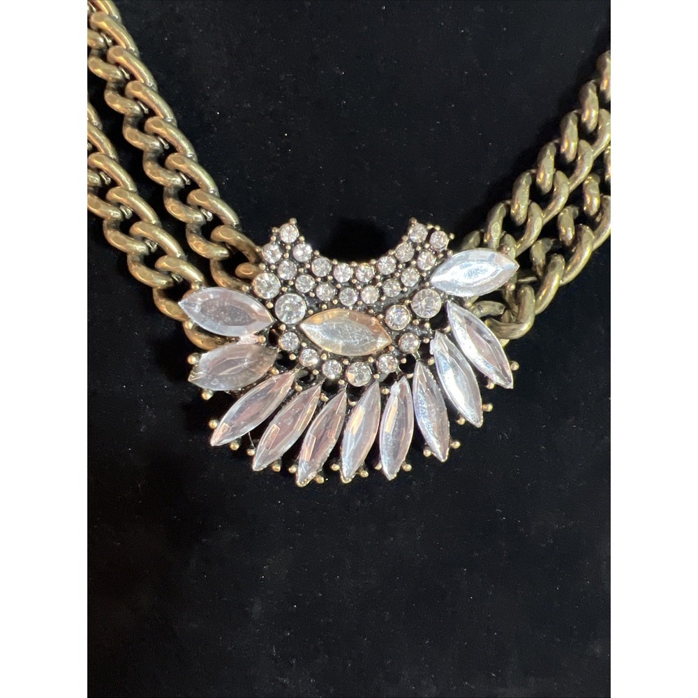 Vintage Womens Bronce Tone Double Chain Rhinestone Front Statement Necklace - Picture 3 of 12
